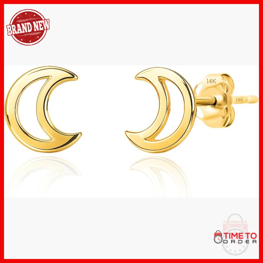 14k Gold Crescent Moon Stud Earrings, Hypoallergenic, Push Backs